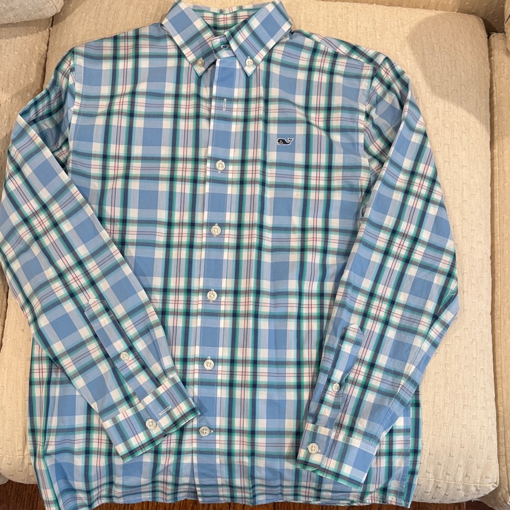 Vineyard Vines Light Blue and Green Plaid Button-Down Shirt